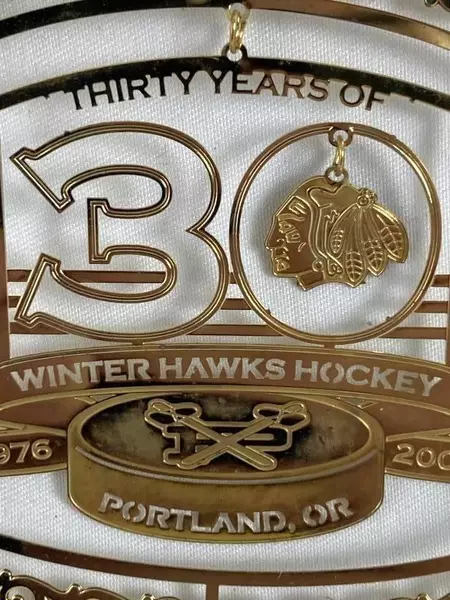 Portland Winterhawks 30th Anniversary Ornament 24K Gold Plated in Box