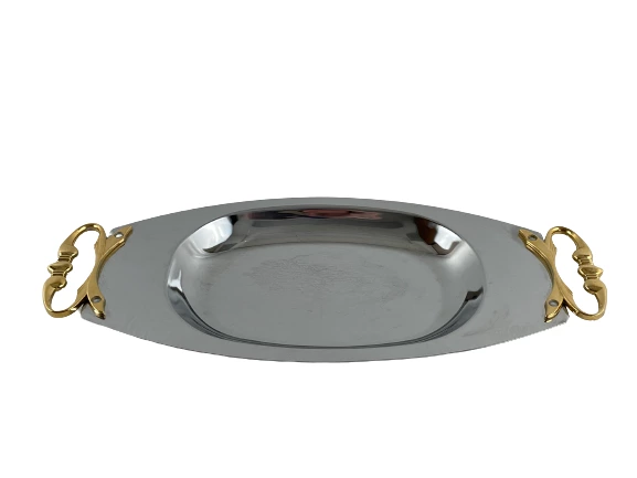 Kromex Vintage Oval Serving Tray Gold Handles USA Metal 14.5" Good Condition