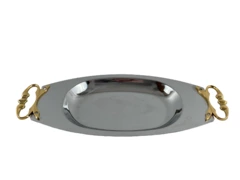 Kromex Vintage Oval Serving Tray Gold Handles USA Metal 14.5" Good Condition