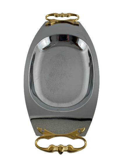 Kromex Vintage Oval Serving Tray Gold Handles USA Metal 14.5" Good Condition