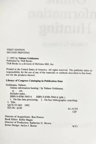 Vintage Online Information Hunting Book by Nahum Goldmann, 1992 Edition