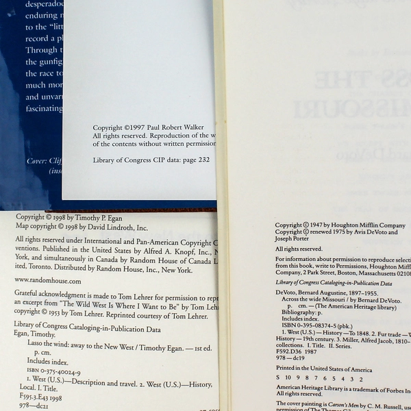 Lot of 3 Western Books: Across the Wide Missouri, Lasso the Wind & More