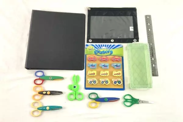 Back to School Supplies Lot: Binder, Scissors, Erasers, Ruler, Pencil Box