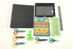 Back to School Supplies Lot: Binder, Scissors, Erasers, Ruler, Pencil Box