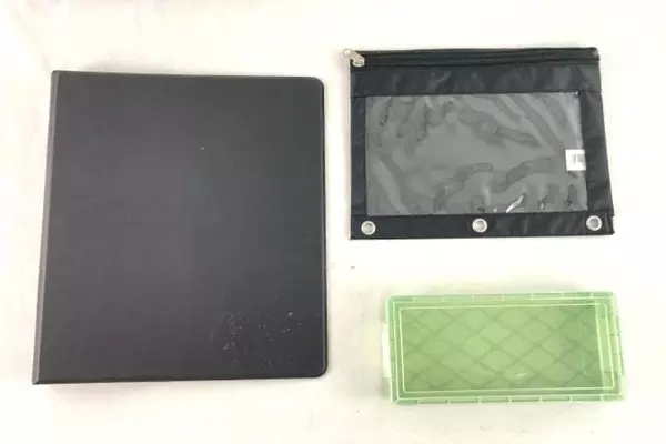 Back to School Supplies Lot: Binder, Scissors, Erasers, Ruler, Pencil Box