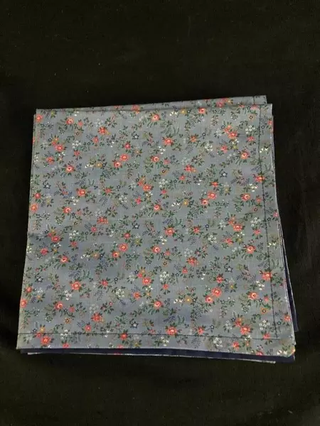 Lot of 4 Vintage Reversible Napkins Blue Floral & Solid 16.5" Square