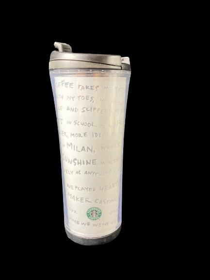 2007 Starbucks Travel Tumbler Mug 16oz Snap Lid White Black Script Design