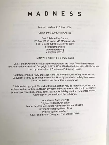 Madness by Jossy Chacko PB 2008 Leadership Edition Good Condition