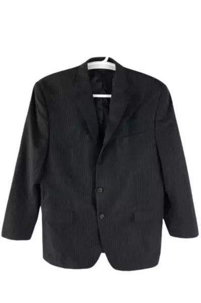 Vintage Ralph Lauren Black Gray Striped Suit Jacket 44R - Good Condition