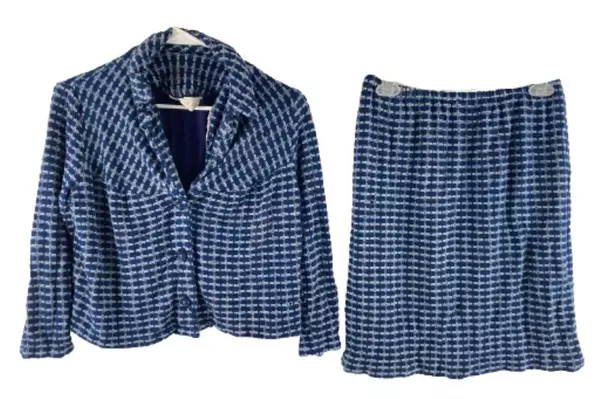Vtg Carol Brent Blue Geometric 2-Piece Skirt Jacket Set Women's Size 18.5