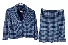 Vtg Carol Brent Blue Geometric 2-Piece Skirt Jacket Set Women's Size 18.5