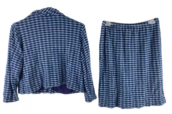 Vtg Carol Brent Blue Geometric 2-Piece Skirt Jacket Set Women's Size 18.5