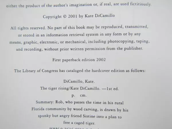 The Tiger Rising by Kate DiCamillo 2001 Paperback - Good Condition