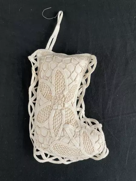 Vintage Doily Plush Stocking Ornament Cream Beige 6" Holiday Decor