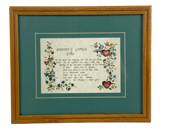 Vintage Sue Skeen Poem Framed Art "Daddy's Little Girl" 10x12 Hearts Flowers
