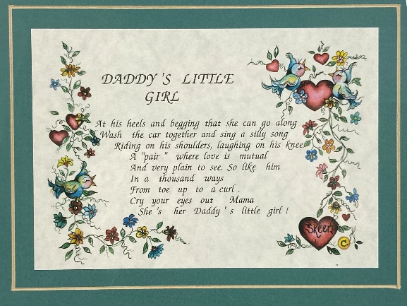 Vintage Sue Skeen Poem Framed Art "Daddy's Little Girl" 10x12 Hearts Flowers