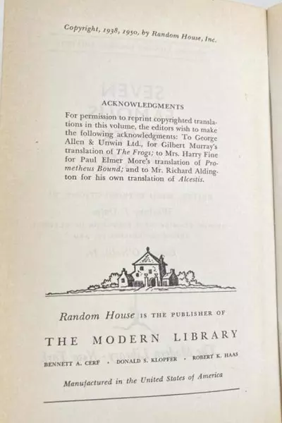 Vintage Seven Famous Greek Plays by Whitney Oates 1950 Random House Book