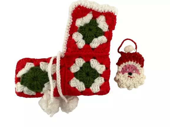 Vintage Crochet Christmas Stocking & Santa Head Decoration Lot Red Green White