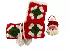 Vintage Crochet Christmas Stocking & Santa Head Decoration Lot Red Green White