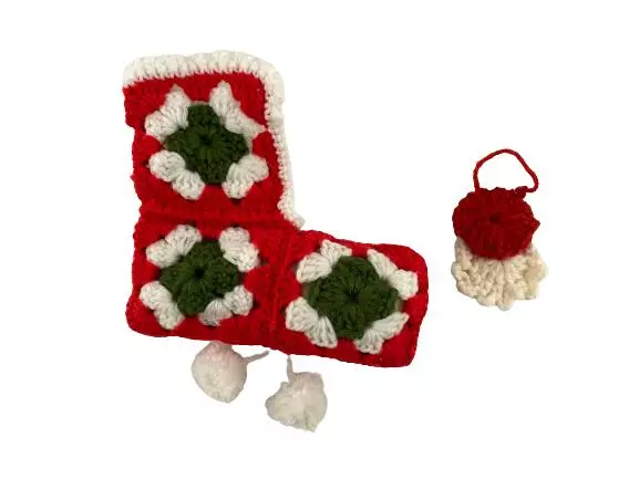 Vintage Crochet Christmas Stocking & Santa Head Decoration Lot Red Green White