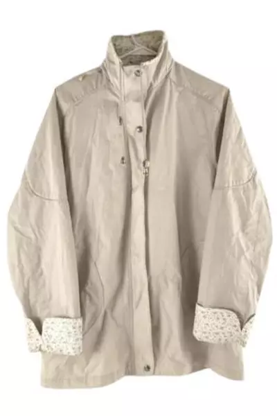 Blair Women's Medium Beige Jacket Floral Lining Full-Zip High Neck Pockets