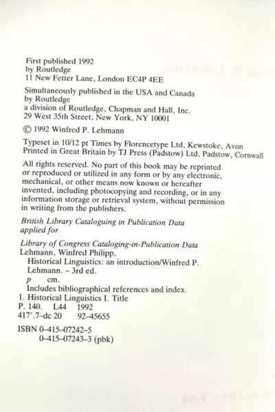 Historical Linguistics 3rd Edition by Winfred P. Lehmann Paperback 1992