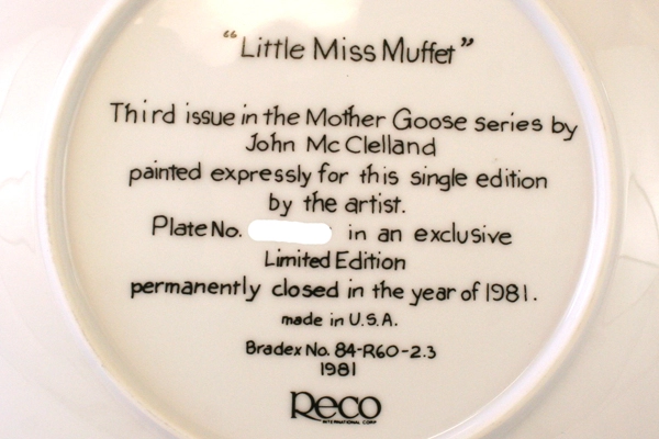 1981 Reco Little Miss Muffet Porcelain Plate Mother Goose Series 3rd Issue