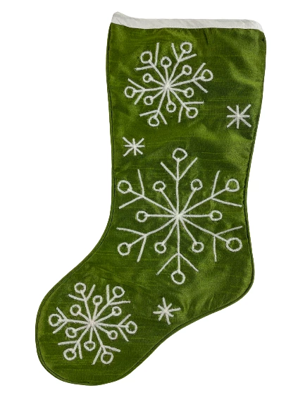 Hallmark Green Sateen Christmas Stocking with Glitter Snowflakes 17.25"