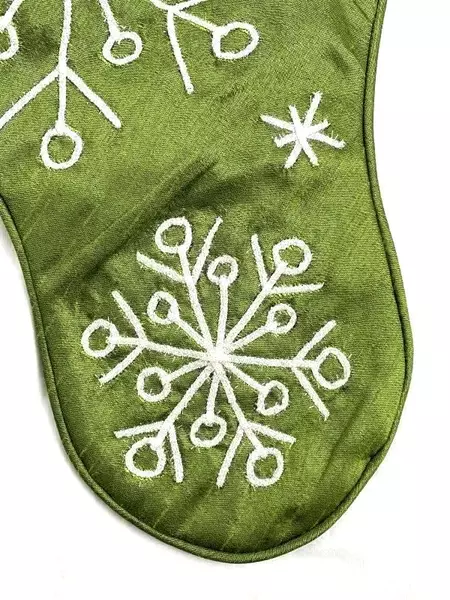 Hallmark Green Sateen Christmas Stocking with Glitter Snowflakes 17.25"