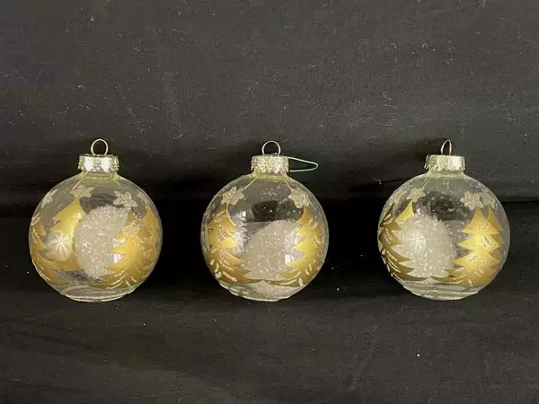 Lot of 3 Clear Gold Snow-Filled Christmas Bulb Ornaments for Tree Decor