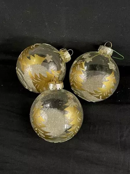 Lot of 3 Clear Gold Snow-Filled Christmas Bulb Ornaments for Tree Decor
