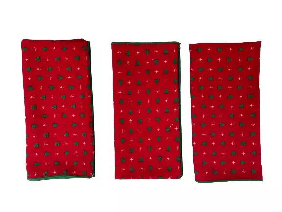 Set of 3 Red Cotton Christmas Napkins with Green Trees & Snowflakes, 7"
