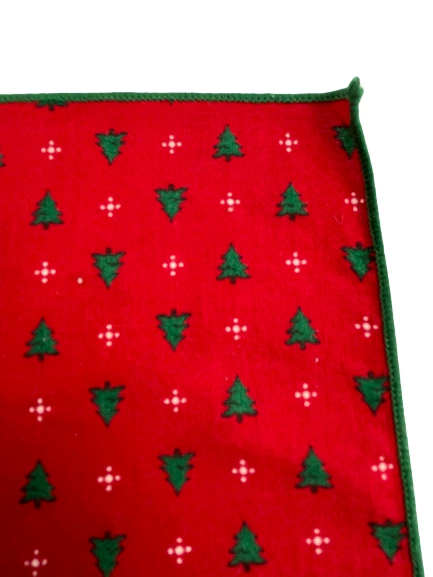 Set of 3 Red Cotton Christmas Napkins with Green Trees & Snowflakes, 7"
