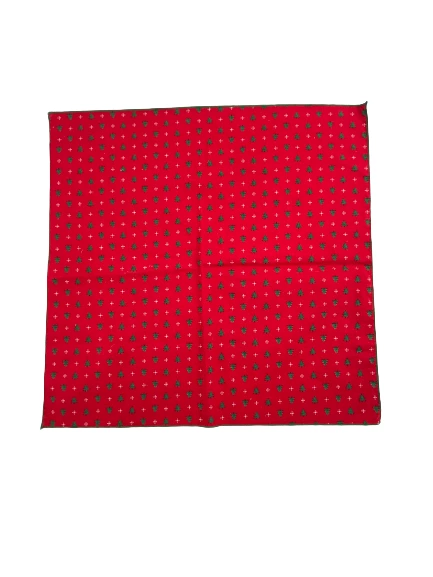 Set of 3 Red Cotton Christmas Napkins with Green Trees & Snowflakes, 7"