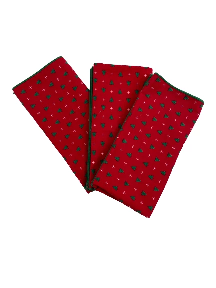 Set of 3 Red Cotton Christmas Napkins with Green Trees & Snowflakes, 7"