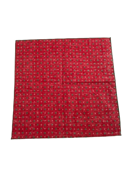 Set of 3 Red Cotton Christmas Napkins with Green Trees & Snowflakes, 7"