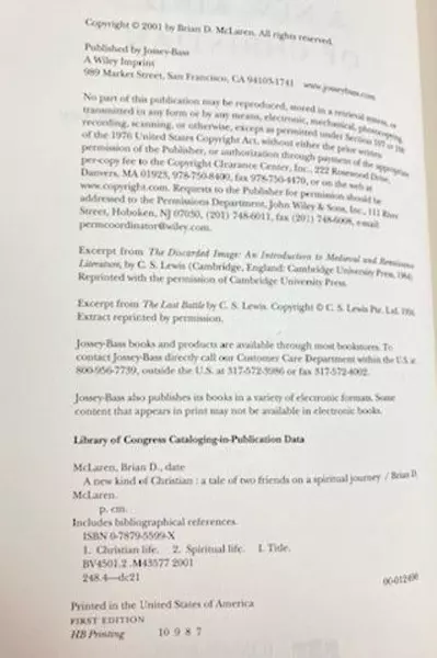 A New Kind of Christian by Brian D. McLaren Hardcover 2001 Jossey-Bass