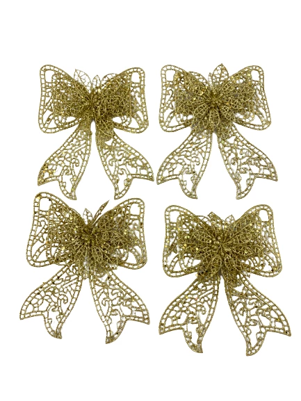 Lot of 4 Large Gold Glitter Christmas Bows Clip On Ornament Wreath Decor 10in