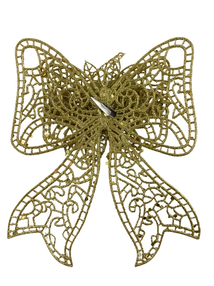 Lot of 4 Large Gold Glitter Christmas Bows Clip On Ornament Wreath Decor 10in