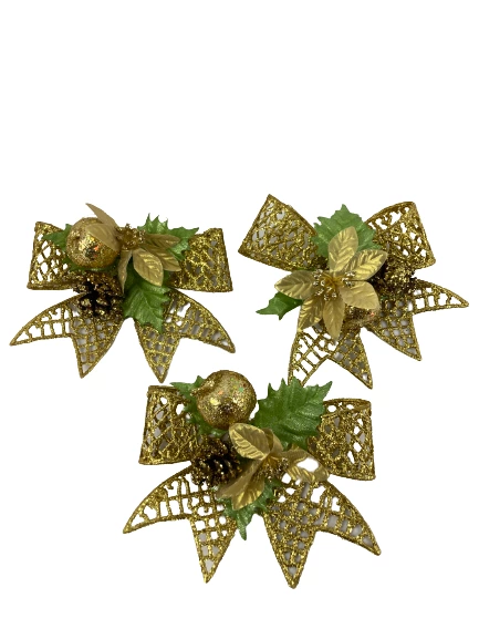 Lot of 3 Large Gold Glitter Christmas Bows Ornaments Wreath Decor Flower Fruit