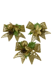 Lot of 3 Large Gold Glitter Christmas Bows Ornaments Wreath Decor Flower Fruit