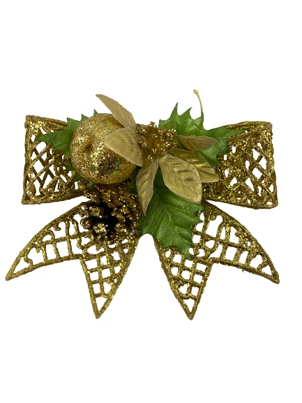 Lot of 3 Large Gold Glitter Christmas Bows Ornaments Wreath Decor Flower Fruit