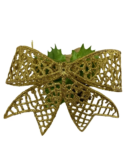 Lot of 3 Large Gold Glitter Christmas Bows Ornaments Wreath Decor Flower Fruit