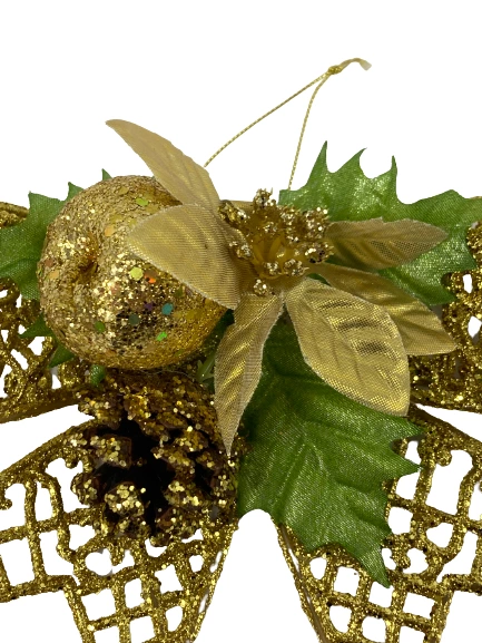 Lot of 3 Large Gold Glitter Christmas Bows Ornaments Wreath Decor Flower Fruit