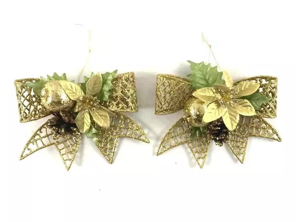 Lot of 2 Large Gold Glitter Christmas Bows Ornaments Wreath Decor Flower Fruit