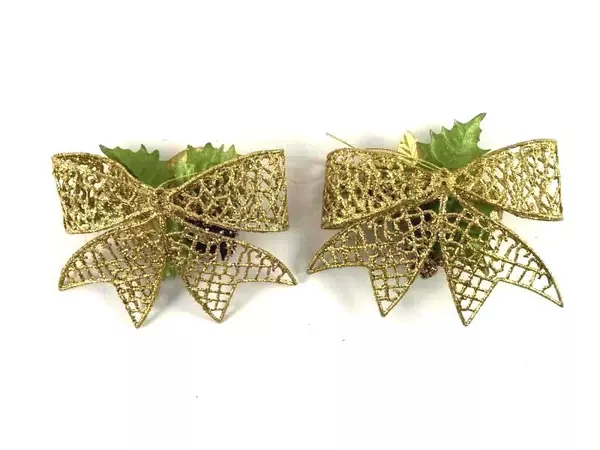 Lot of 2 Large Gold Glitter Christmas Bows Ornaments Wreath Decor Flower Fruit