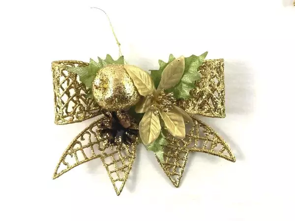 Lot of 2 Large Gold Glitter Christmas Bows Ornaments Wreath Decor Flower Fruit