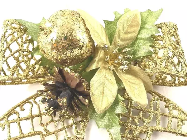 Lot of 2 Large Gold Glitter Christmas Bows Ornaments Wreath Decor Flower Fruit