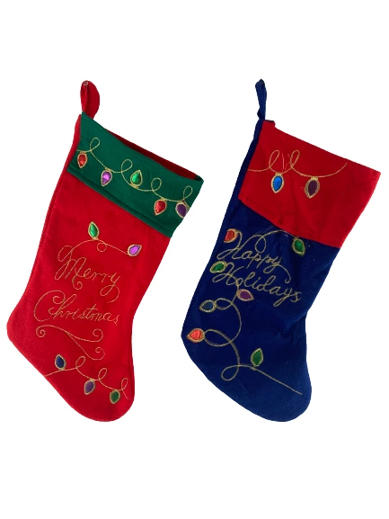 Lot of 2 Christmas Stockings Merry Christmas & Happy Holidays 17" Long
