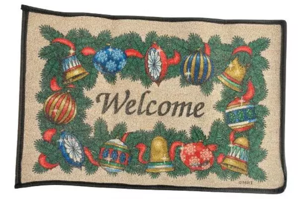 Vintage MRT Welcome Wreath Christmas Rug Mat Entry Doorway Accent 26.5"